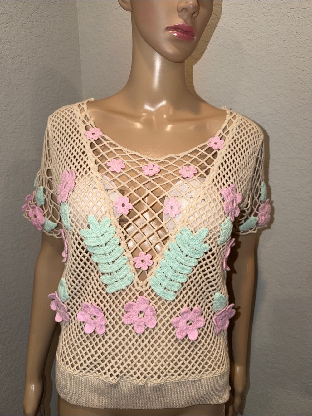 NWT Wild Fix Crochet Floral Mesh top in Cream with Pink & Mint